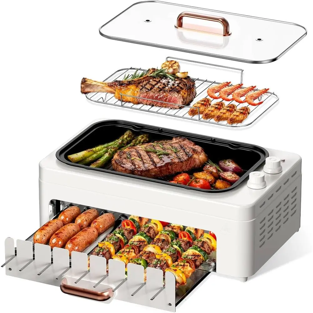 Hot Dog Roller Grill - 4-in-1屋内カウンタートップグリル：取り外し可能なパン、回転串、ホットドッグローラー、蓋付きデュアルゾーン調理機能