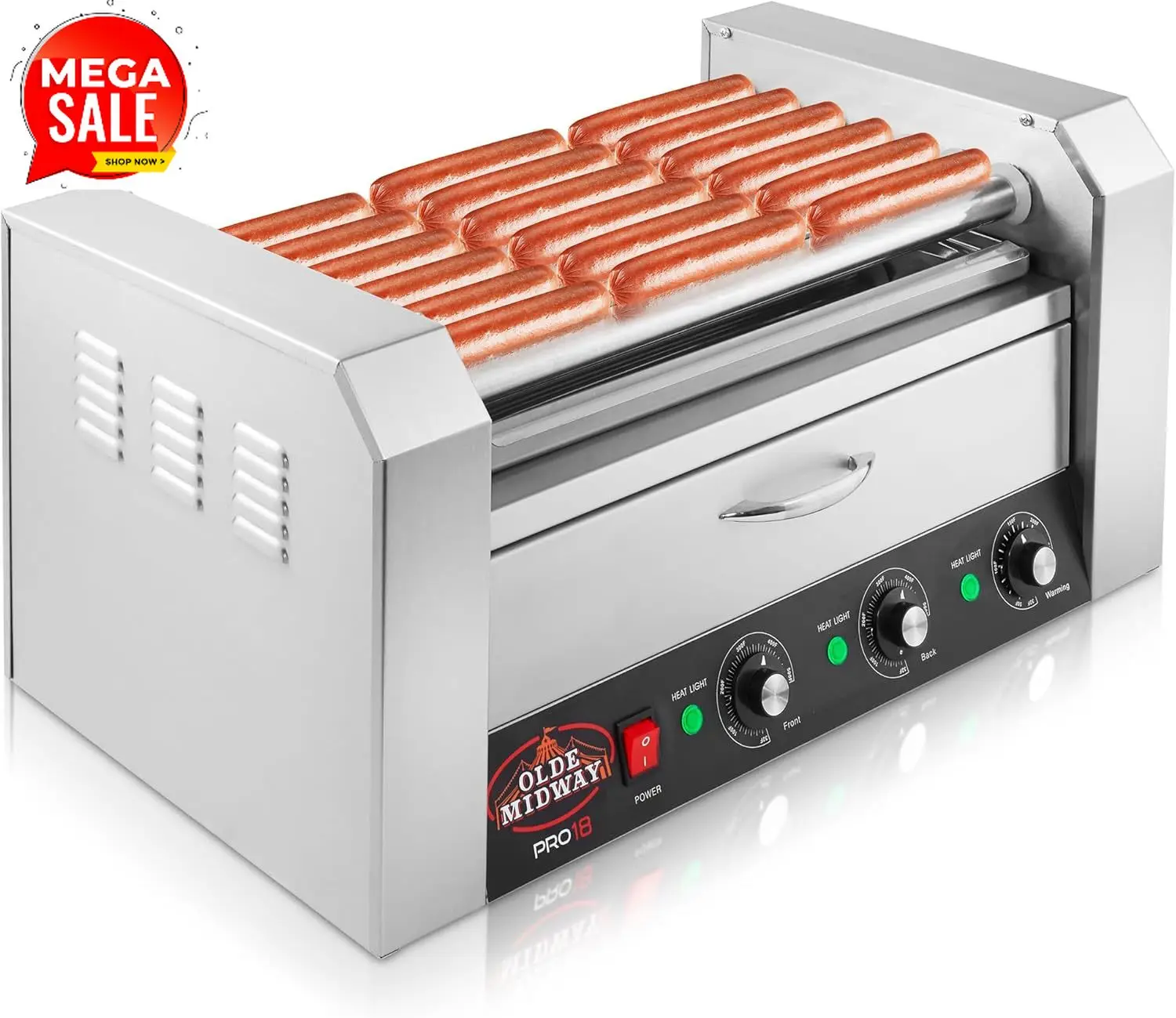 Hot Dog Roller Grill - ベストセラーエレクトリック 18 ホットドッグ 7 ローラーグリルクッカーマシン（パン保温用引き出し付き）- 業務用グレード、ステンレス製
