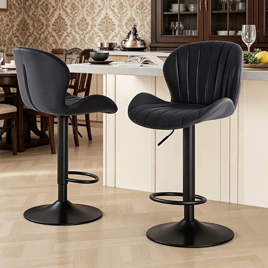 Commercial Kitchen Requirements - モダンな調節可能な回転バースツール2個セット、PUレザークッションとフレーム付き - 組み立て不要、キッチンアイランド、ホームバー、カウンター高さのテーブル、レトロスタイルのパッド入りスツールに最適、ブラック/ベージュ