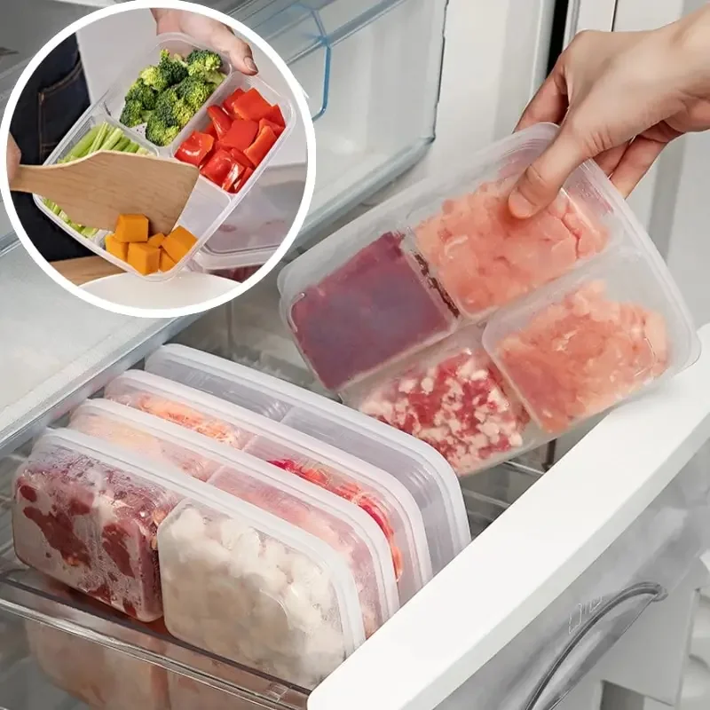 Commercial Kitchen Fridge - 4 グリッド食品収納ボックスポータブルコンパートメント冷蔵庫冷凍庫オーガナイザーサブパック肉玉ねぎ生姜クリアキッチンツール 1PC