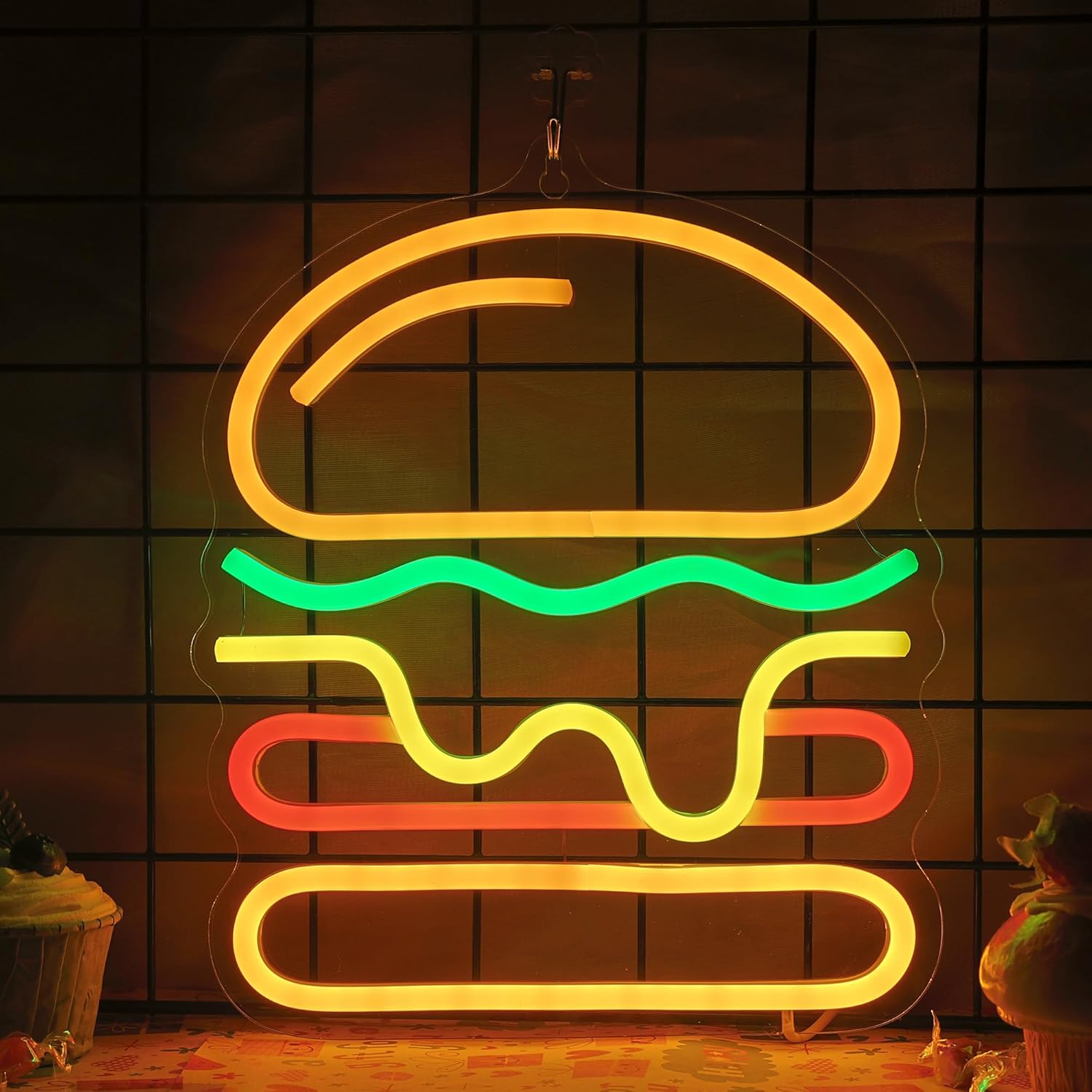Commercial Kitchen Lighting - ハンバーガーネオンサイン、重ねチーズLEDライト付き、ファストフードレストラン、バー、壁飾り、鮮やかなホームキッチン、カフェの装飾、ギフトに最適