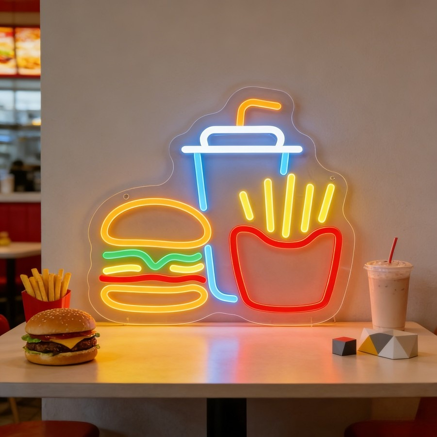 Commercial Kitchen Lighting - バーガーフライドポテトドリンクファーストフードLEDネオンライトサイン調光可能USB電源式ダイナーキッチンレストランゲームルーム壁飾りギフト